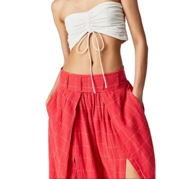 046 Free People Lunar Cove Wide-Leg Pants in Red Combo Size Medium - Picture 3 of 8